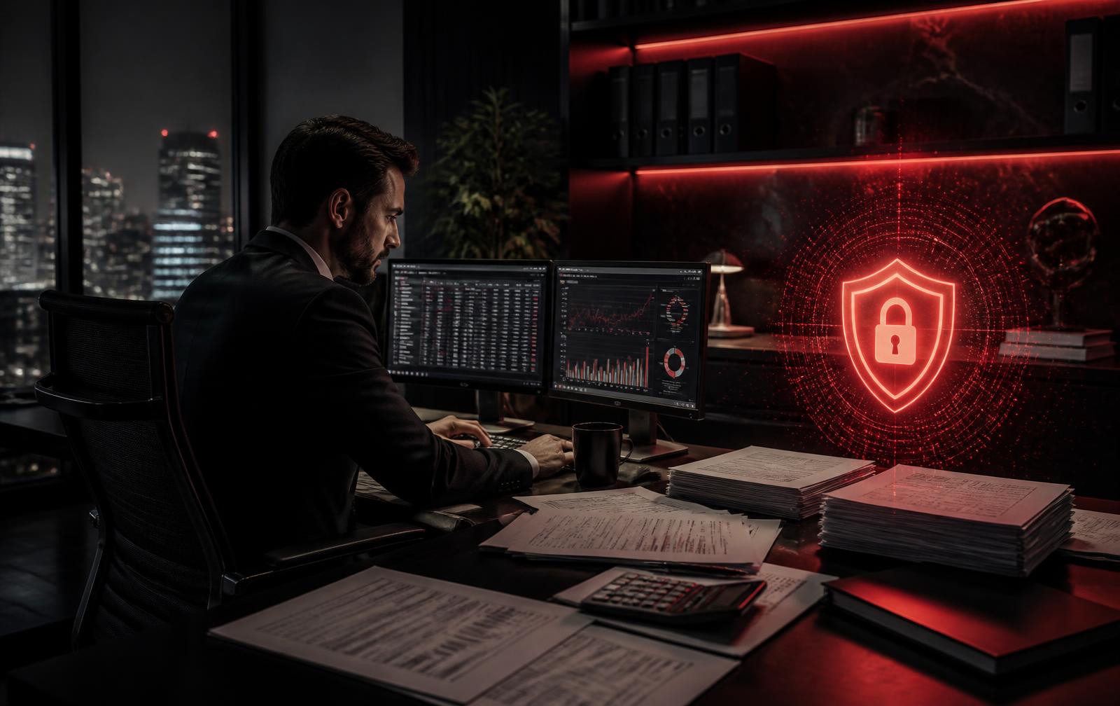 Accountant reviewing tax files on a secured workstation at night
